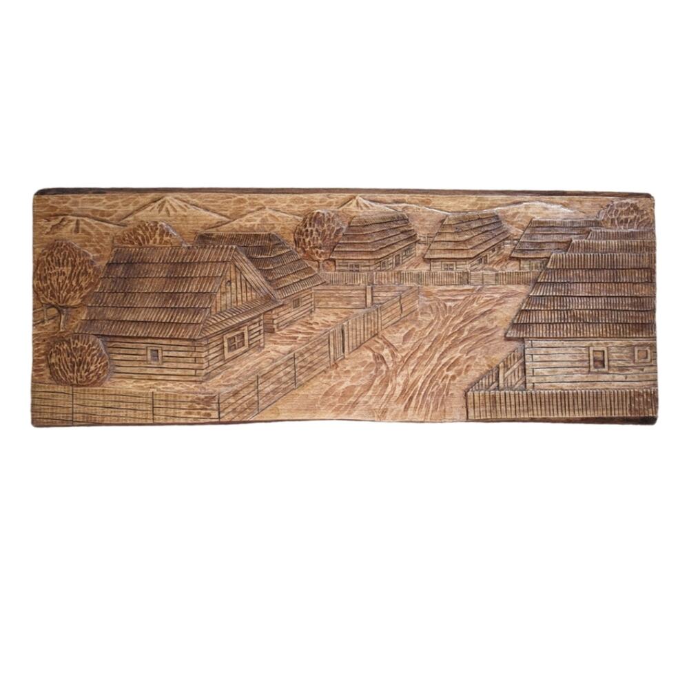 Vintage Hand carved wood plank with colonial scene